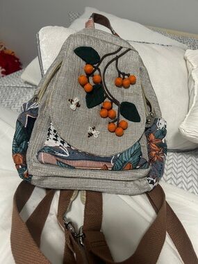 Beige Mini Backpack with Orange Berry Appliqué
